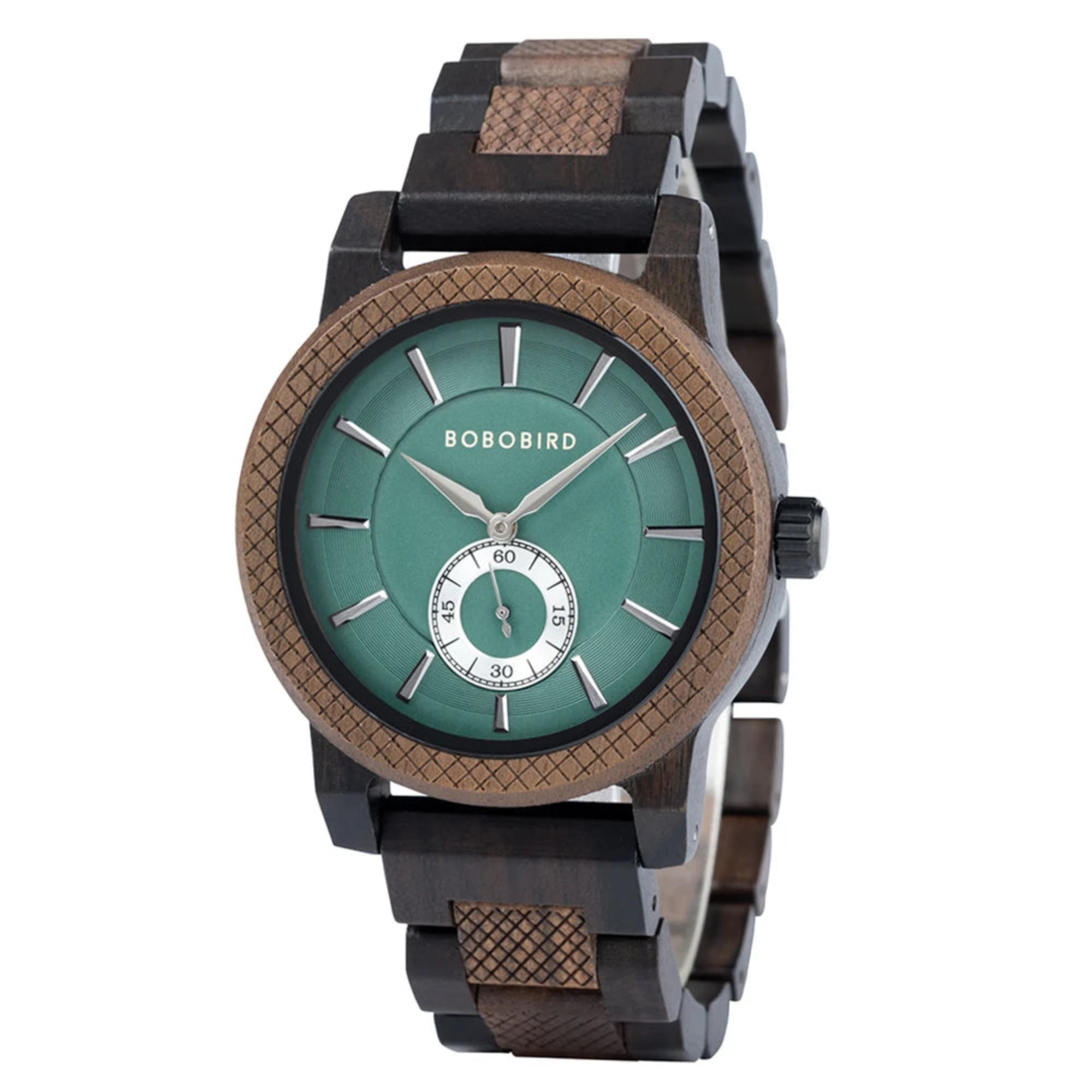 Wooden watch with green dial and brown strap on a white background