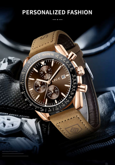 Luxury watch with brown leather strap and rose gold accents on a dark background