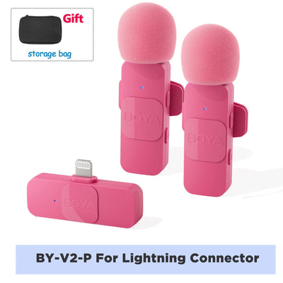 Pink BOYA BY-V2-P microphone set with lightning connector and storage bag on a white background