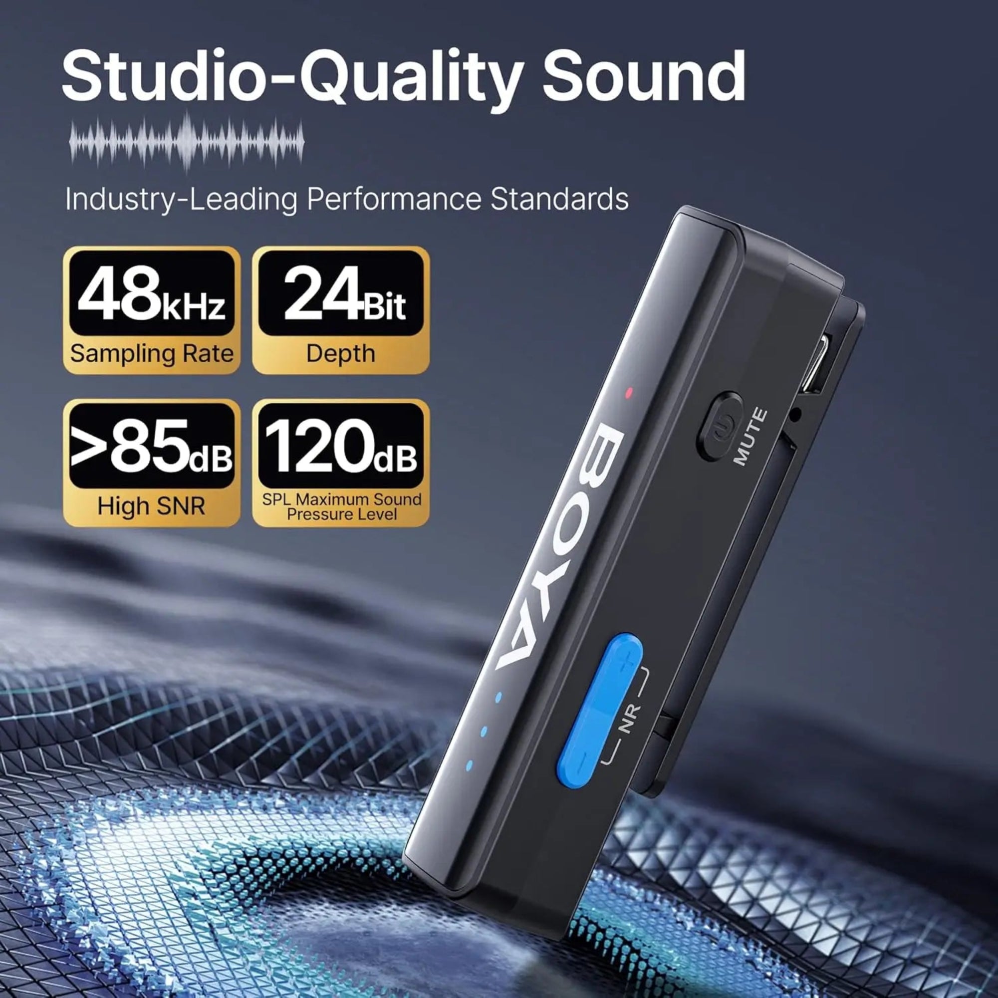 BOYA BY-M1 microphone with studio-quality sound features on a dark background