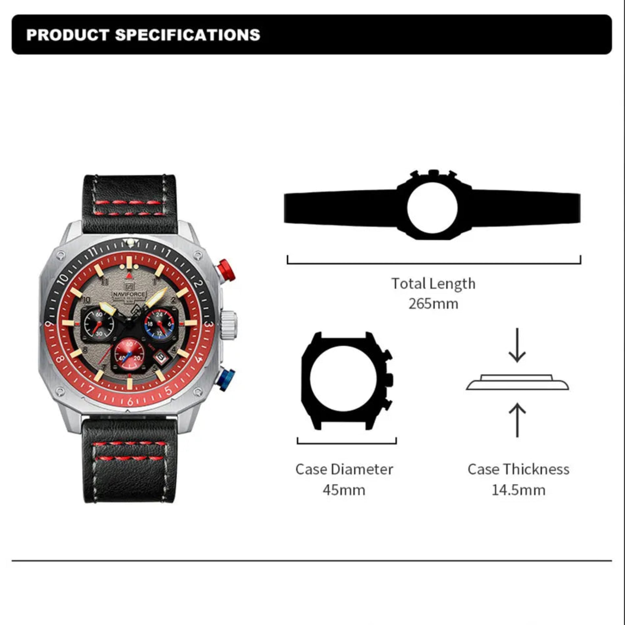 Watch with black leather strap and red accents, showing product specifications on a white background.