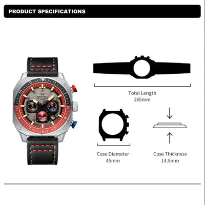 Watch with black leather strap and red accents, showing product specifications on a white background.