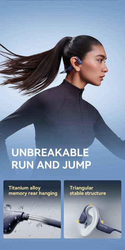Person running with wireless earbuds, product features highlighted.