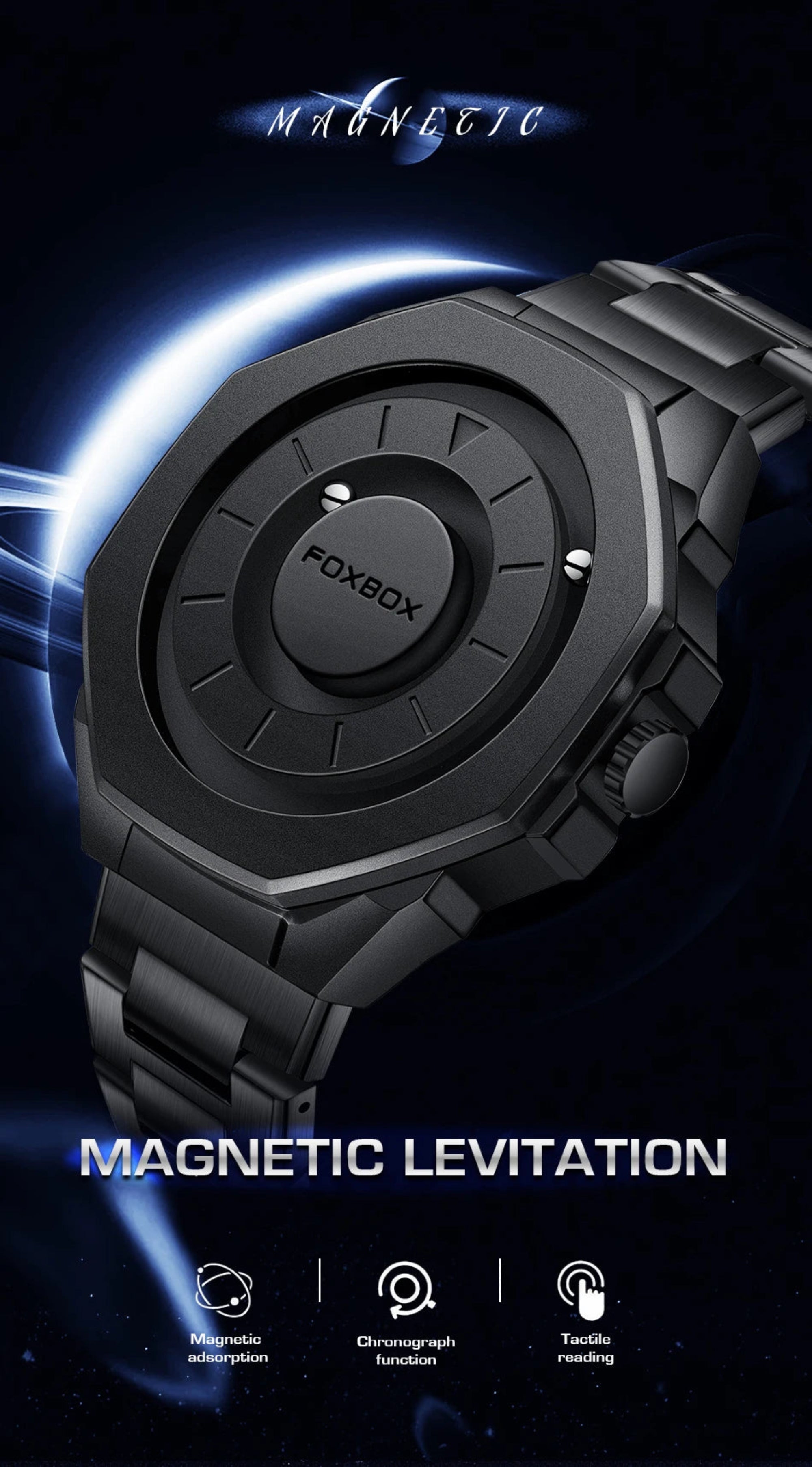 Black watch with magnetic levitation feature on a dark background