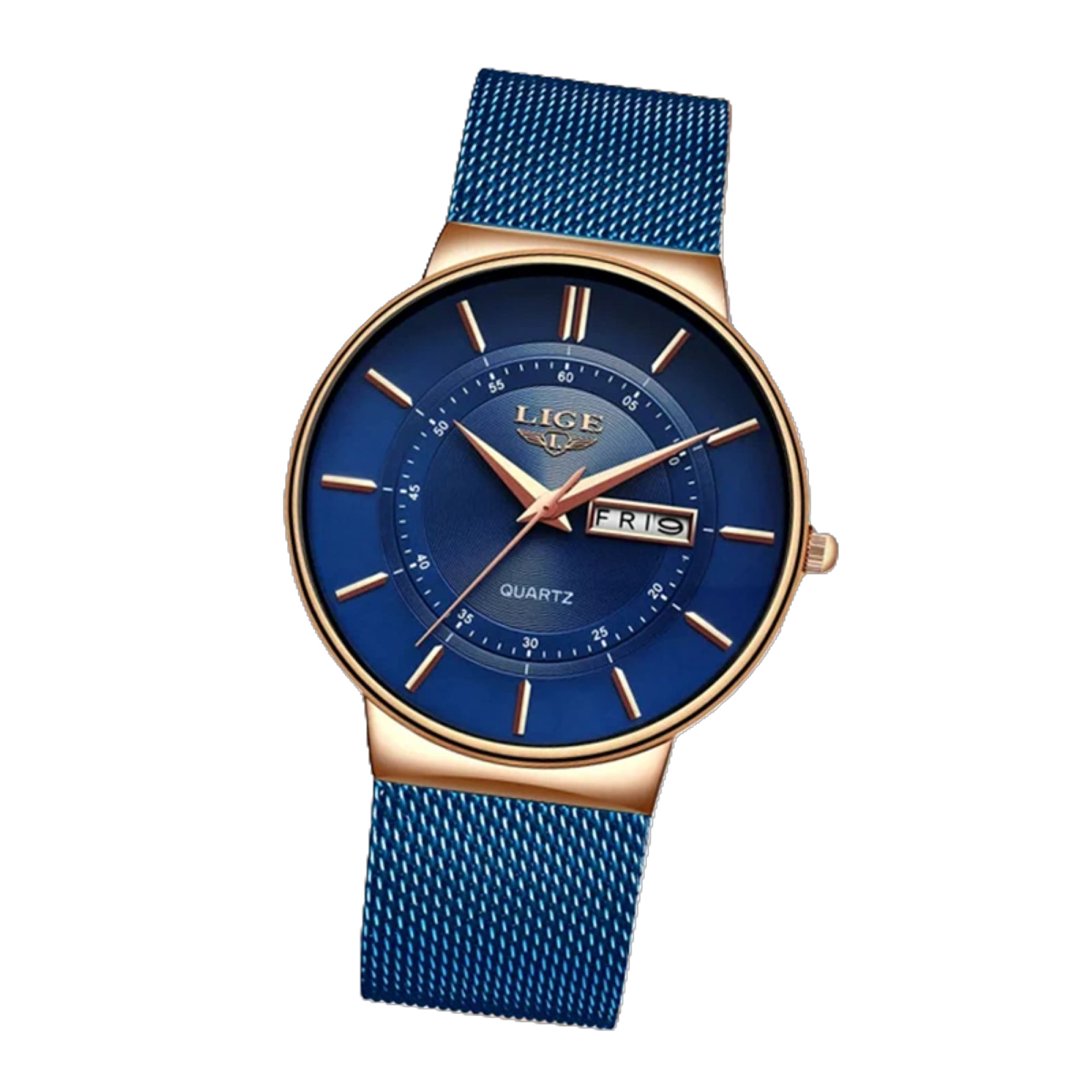 Blue watch with gold accents on a white background