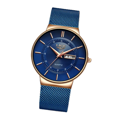 Blue watch with gold accents on a white background