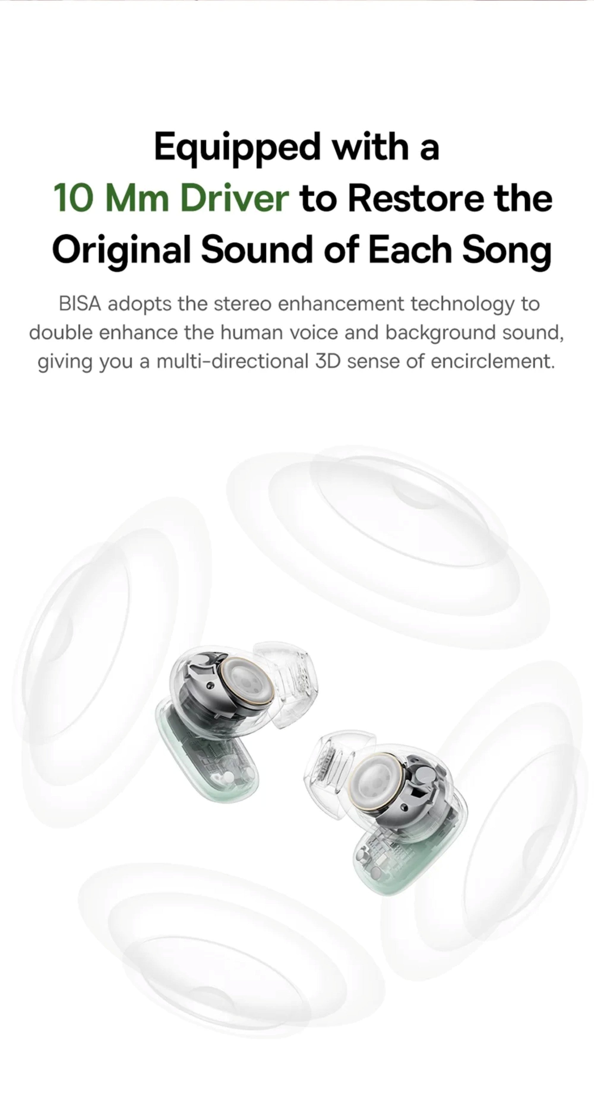 Binaural hearing aids with text about sound restoration technology on a white background