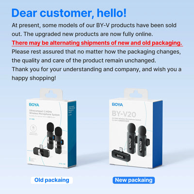 Two BOYA BY-V20 microphone packages, one labeled 'Old packaging' and the other 'New packaging', on a light blue background with promotional text.