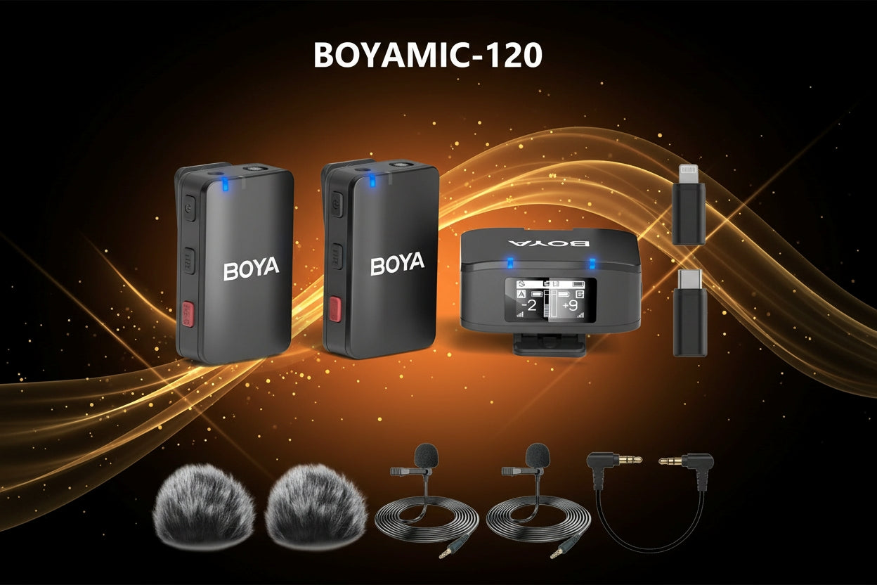 Boyamic-120 microphone set with Boya microphones and VocoPro device on a dark background