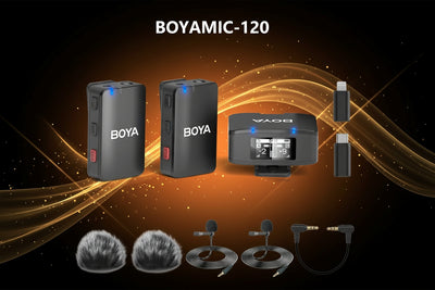 Boyamic-120 microphone set with Boya microphones and VocoPro device on a dark background