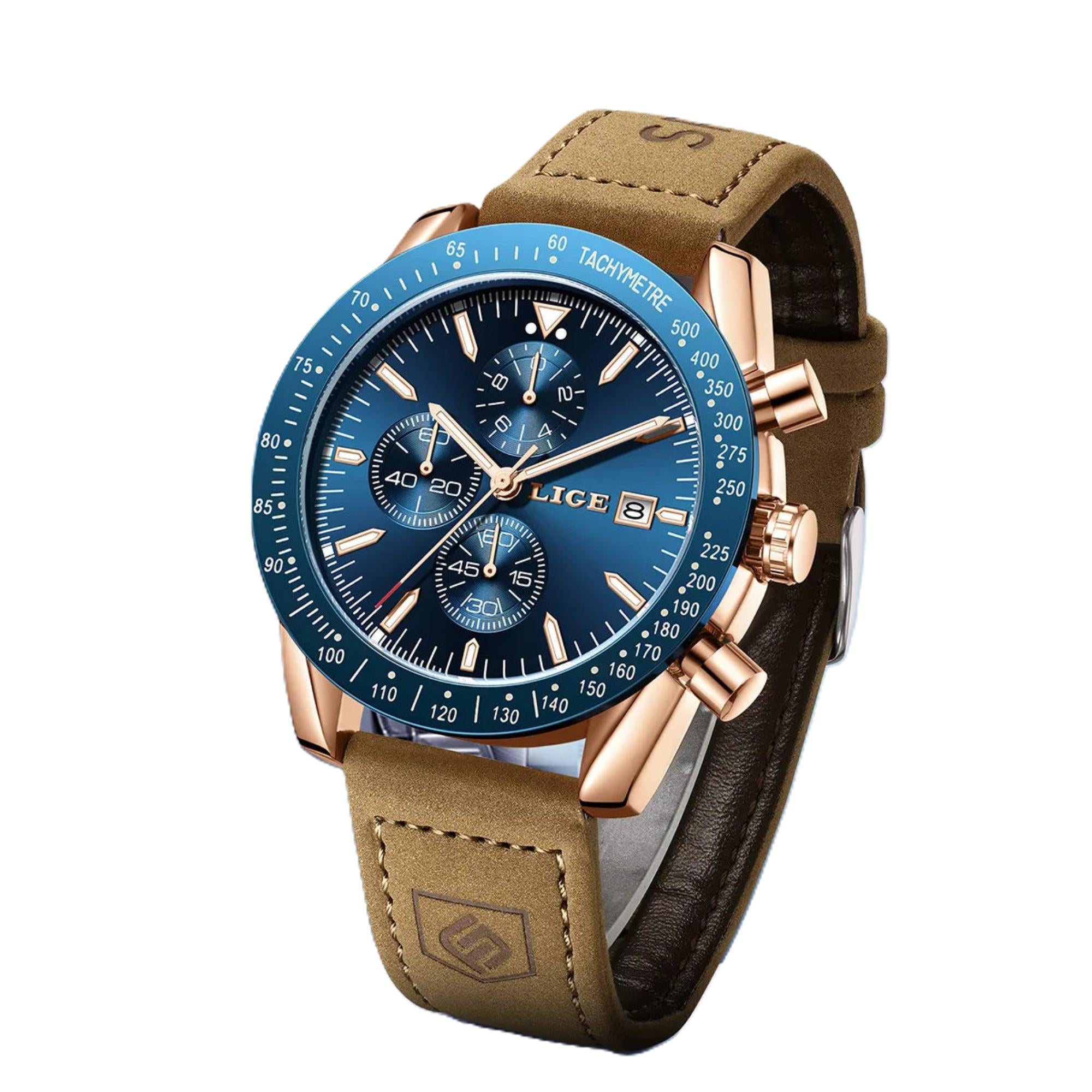 Watch with blue dial and brown leather strap on a white background