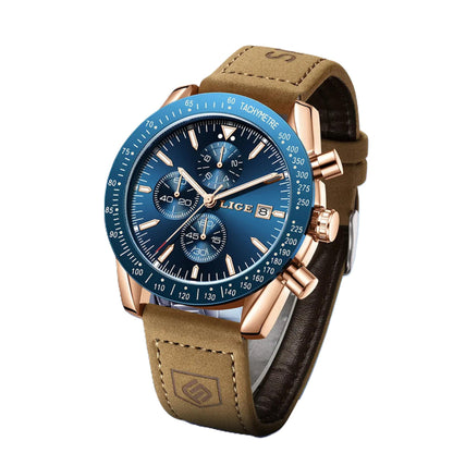 Watch with blue dial and brown leather strap on a white background