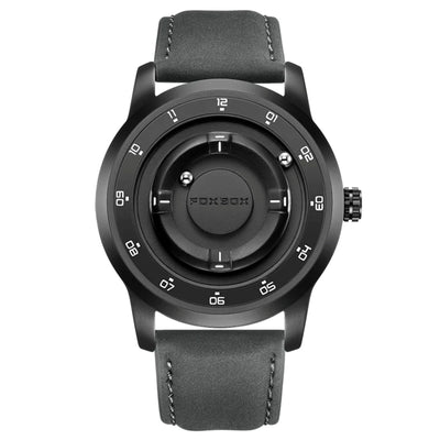 Black watch with gray leather strap on a white background