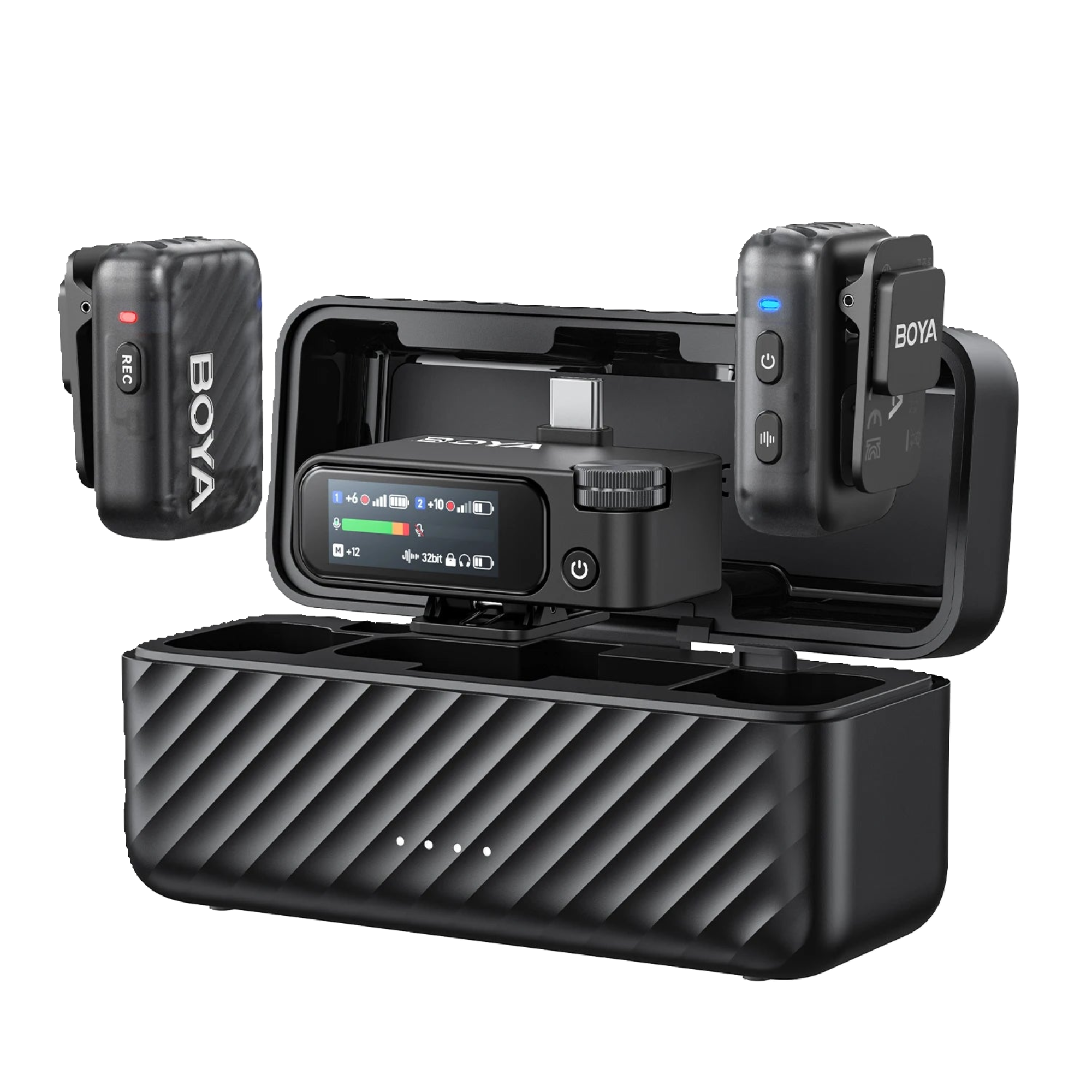 Black wireless microphone system with receiver and transmitter on a white background