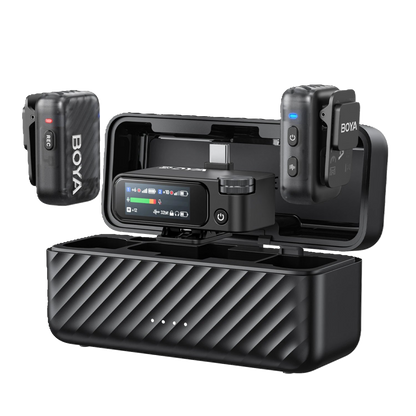 Black wireless microphone system with receiver and transmitter on a white background