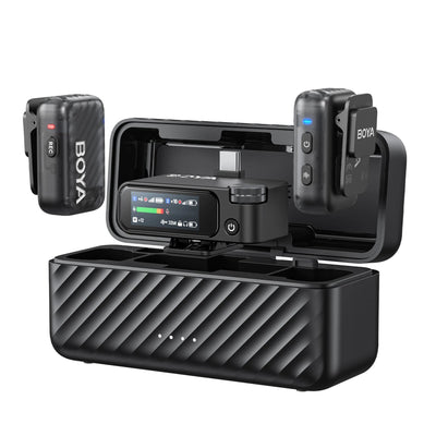 BOYA wireless microphone system with receiver and transmitter on a white background