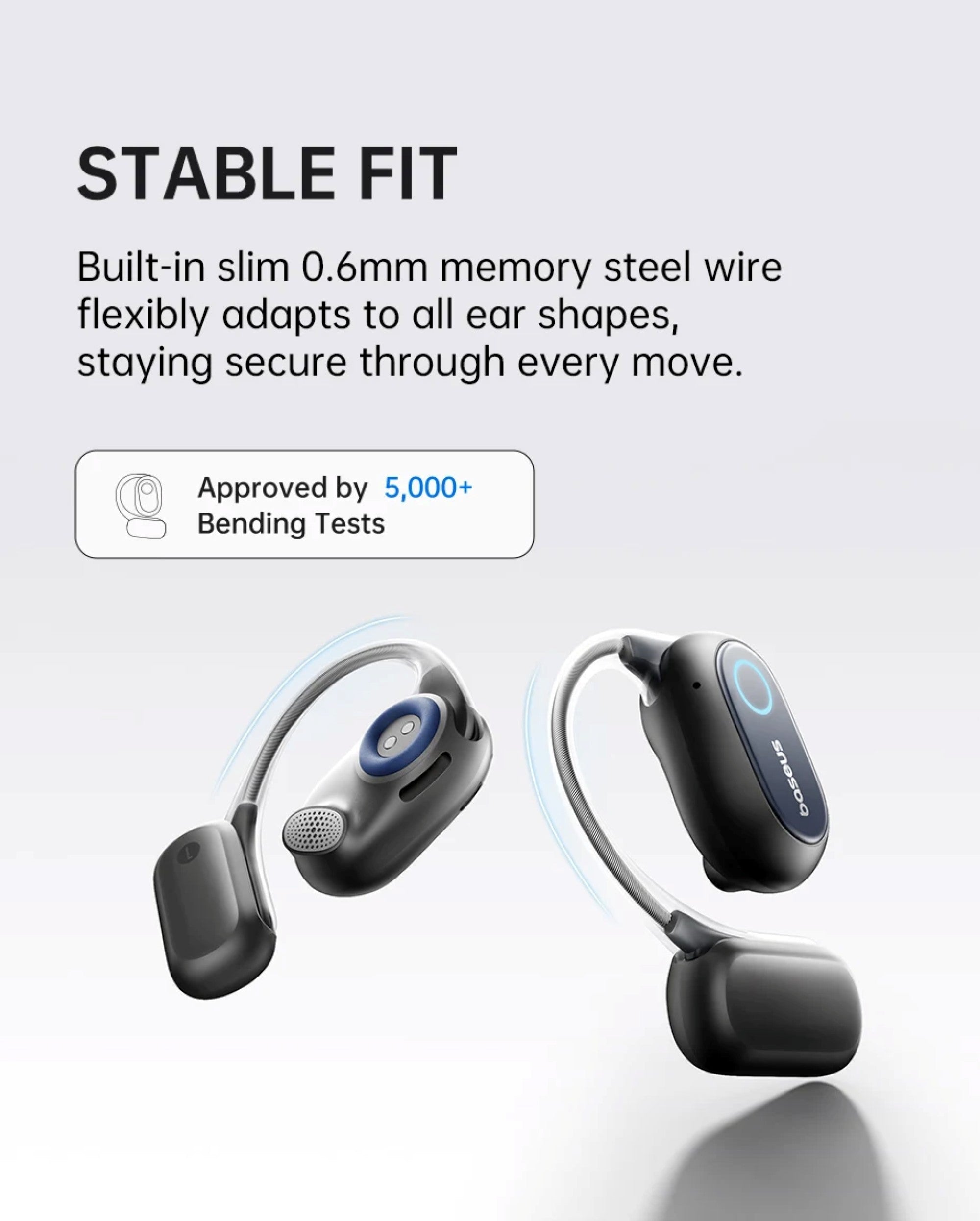 Wireless earbuds with text about stable fit and bending tests on a white background