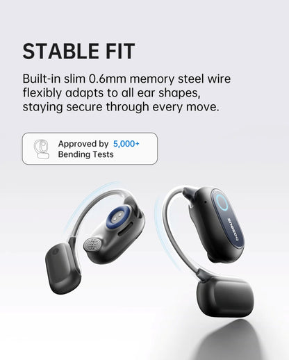 Wireless earbuds with text about stable fit and bending tests on a white background