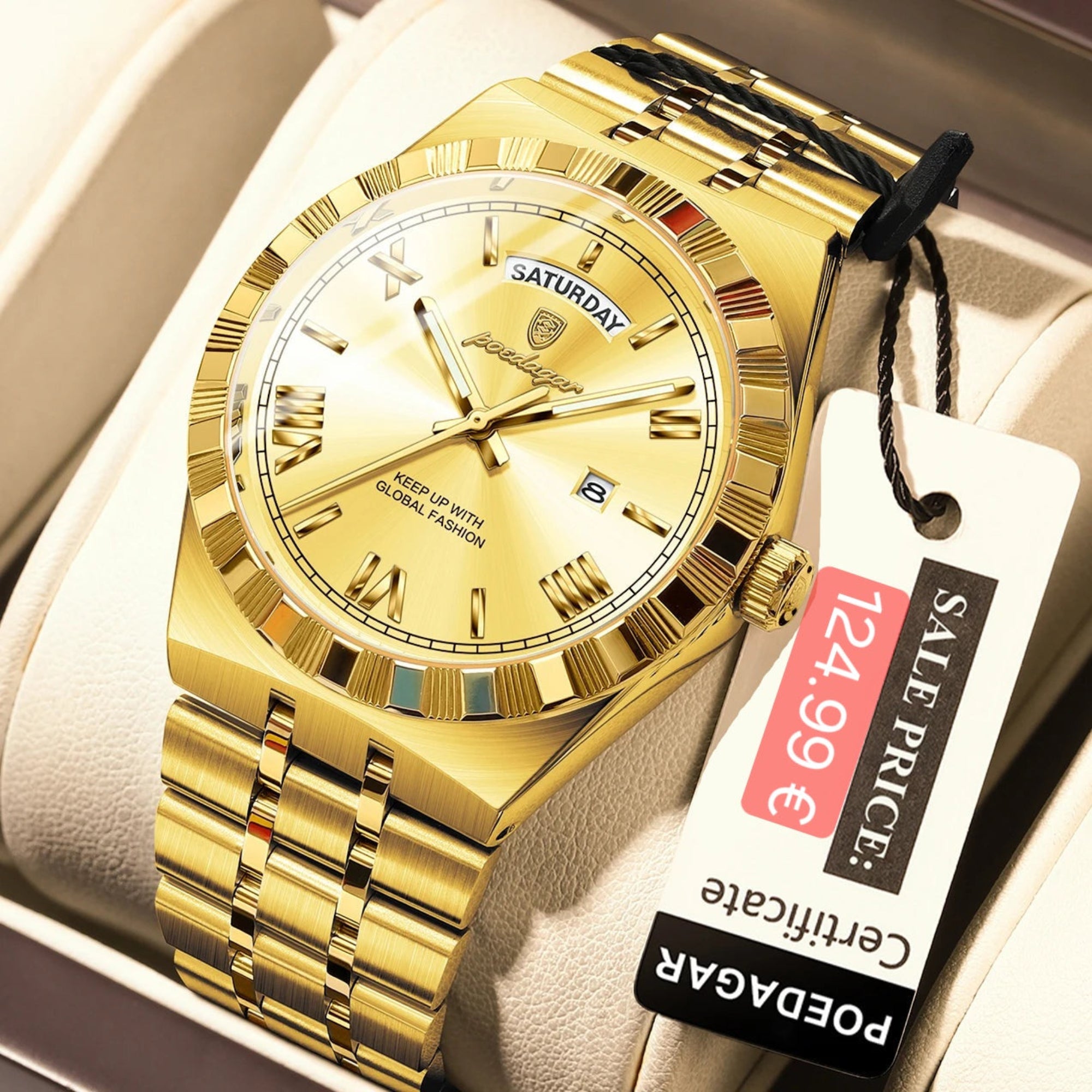 Gold watch with a visible sale tag on a white cushion