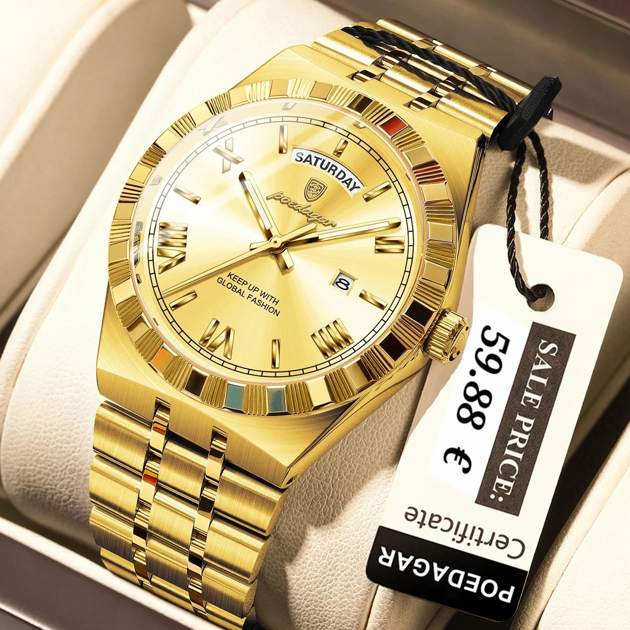 Gold-tone stainless steel watch with a gold dial and link bracelet, displayed in a cream-colored watch box. A white price tag is attached to the watch strap.