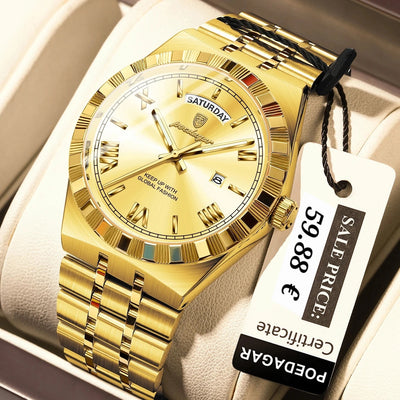 Gold-tone stainless steel watch with a gold dial and link bracelet, displayed in a cream-colored watch box. A white price tag is attached to the watch strap.