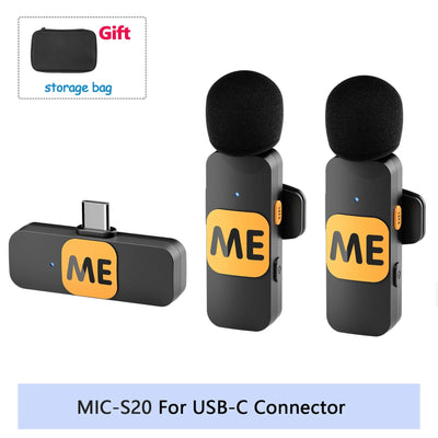 Two microphones with 'ME' label and USB-C connector adapter on a white background, including a storage bag labeled 'Gift'.