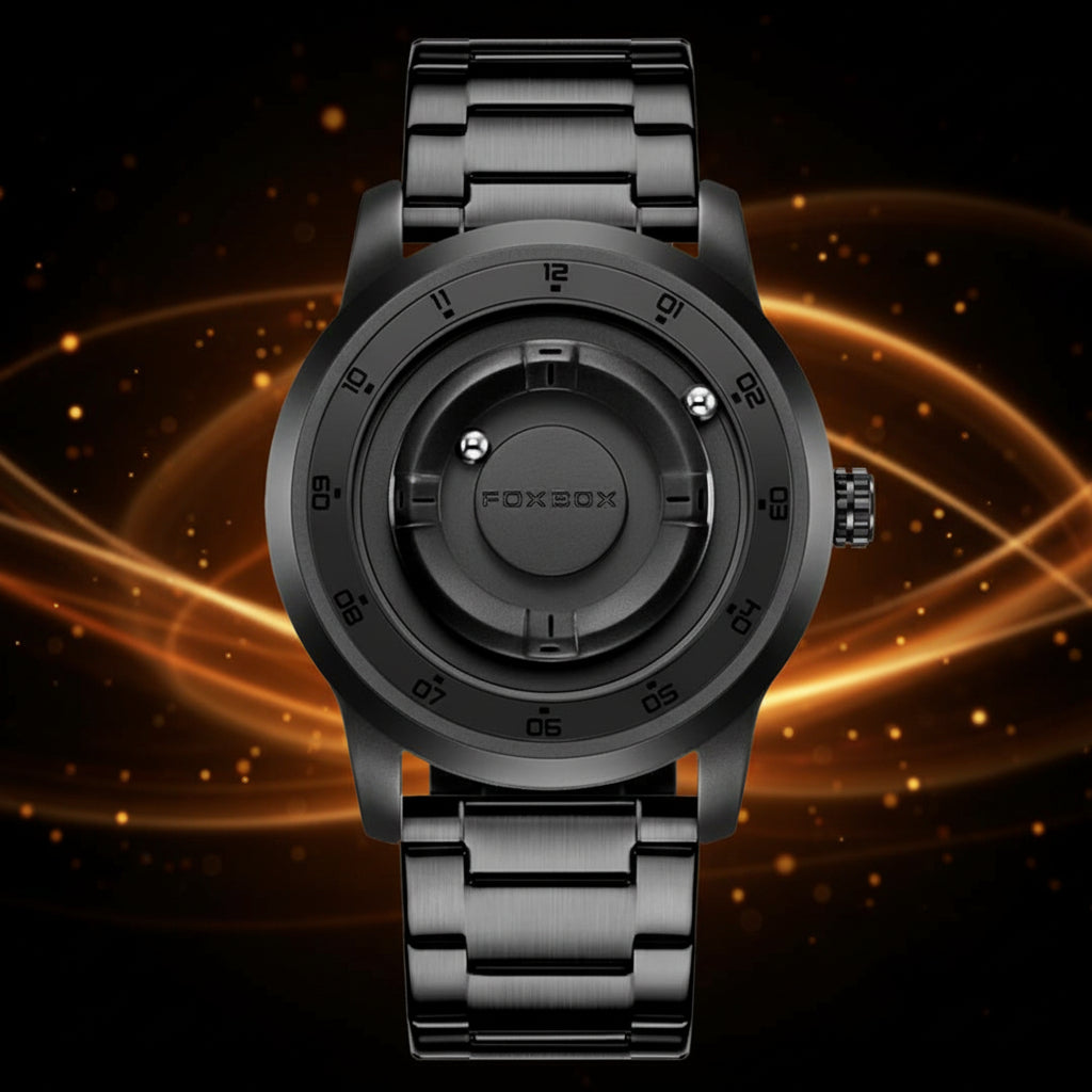 Black watch with a metallic band on a white background