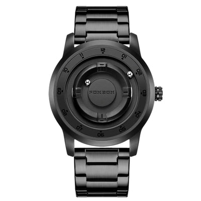 Black wristwatch with a unique design on a dark background
