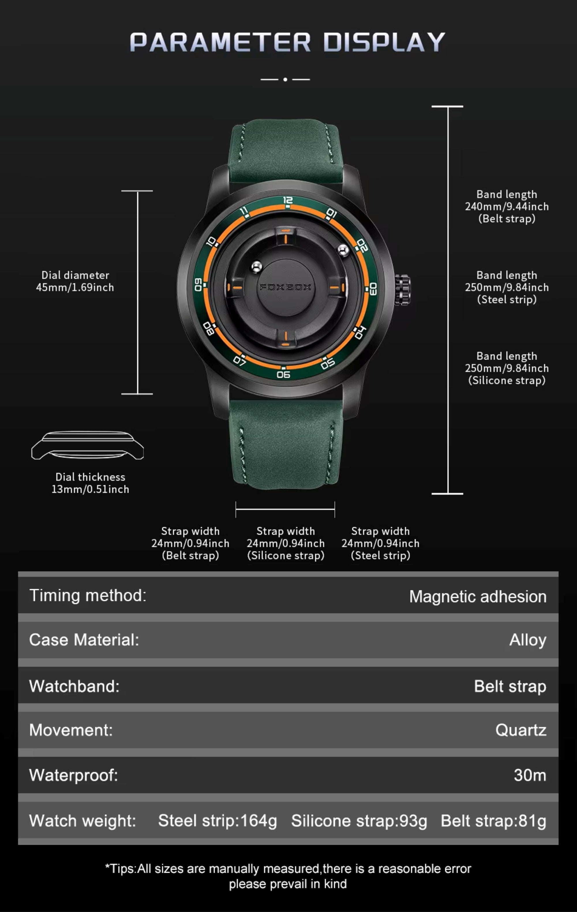 Smartwatch with green strap and detailed specifications on a black background