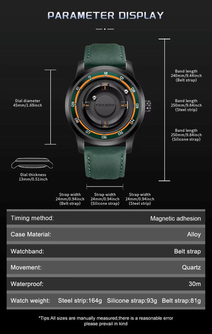 Smartwatch with green strap and detailed specifications on a black background