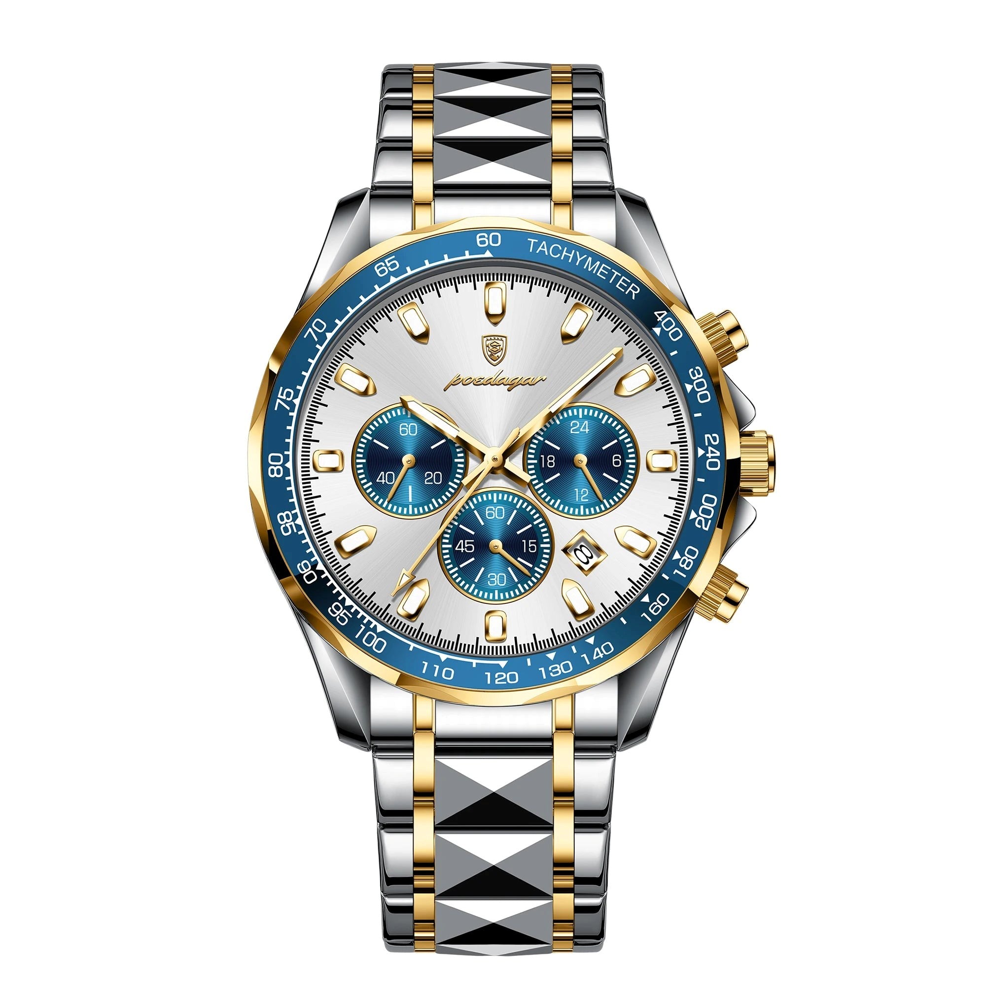 Luxury watch with silver and gold band on a white background