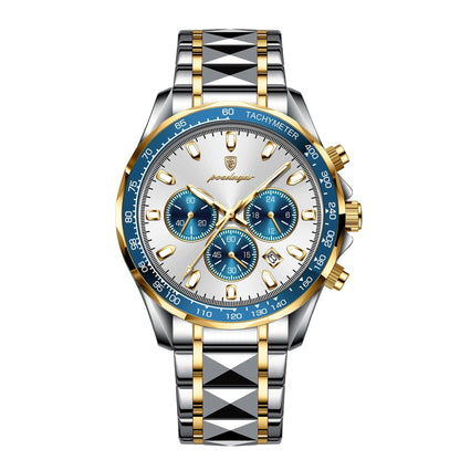 Luxury watch with silver and gold band on a white background