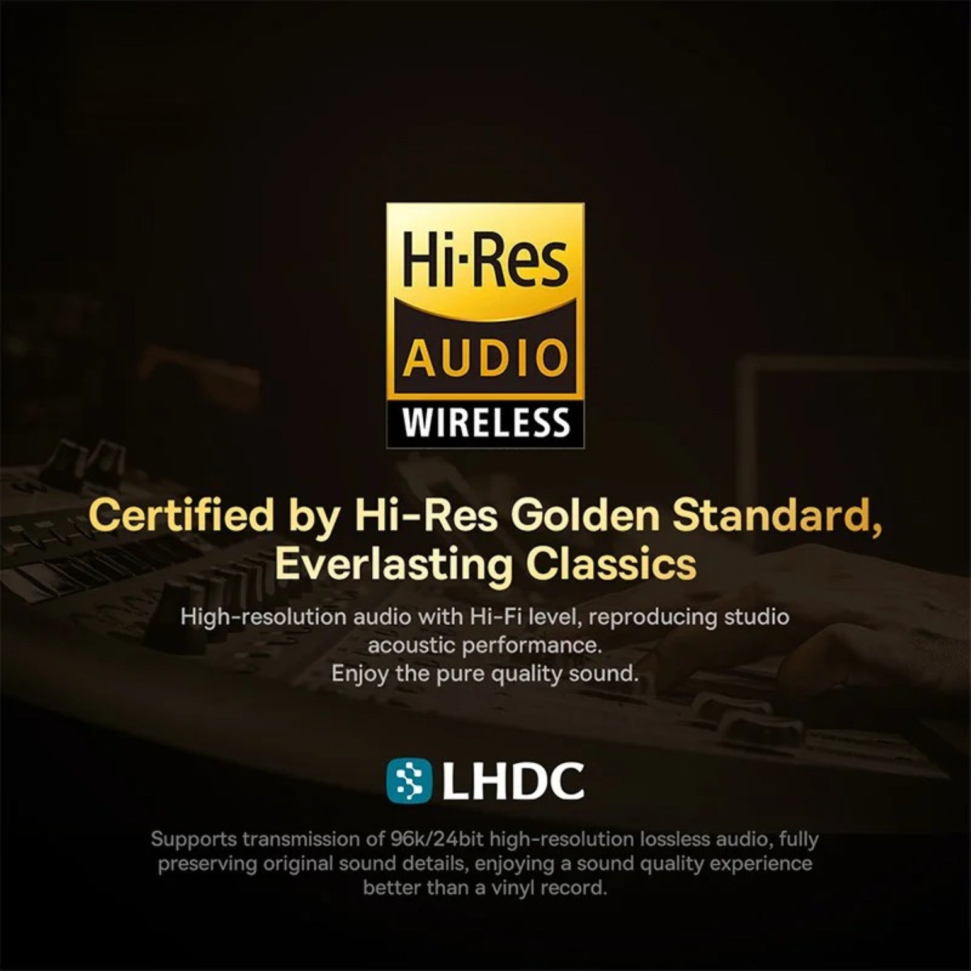 Hi-Res Audio Wireless certification logo with text on a dark background