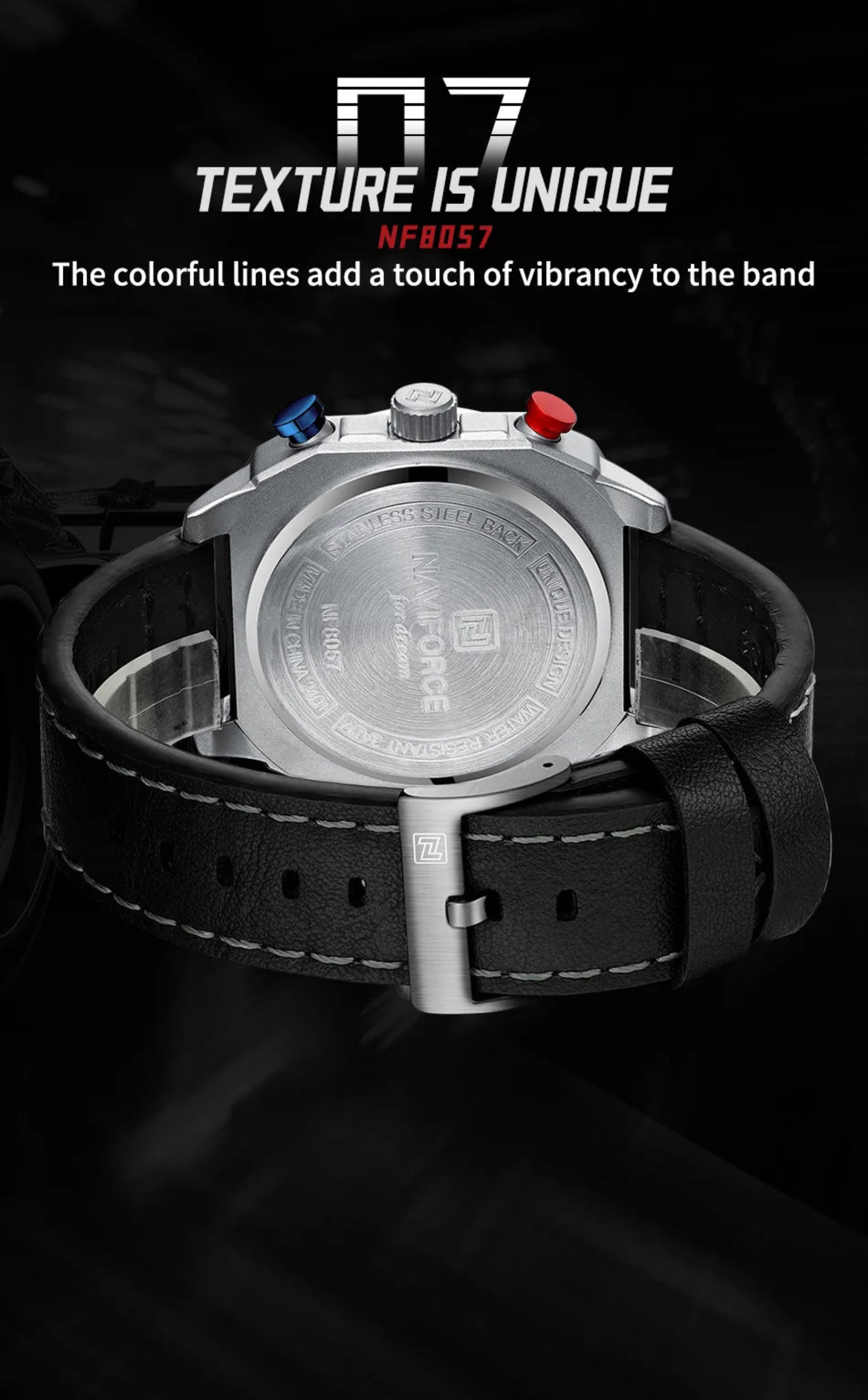 Wristwatch with black leather strap and silver case on a dark background