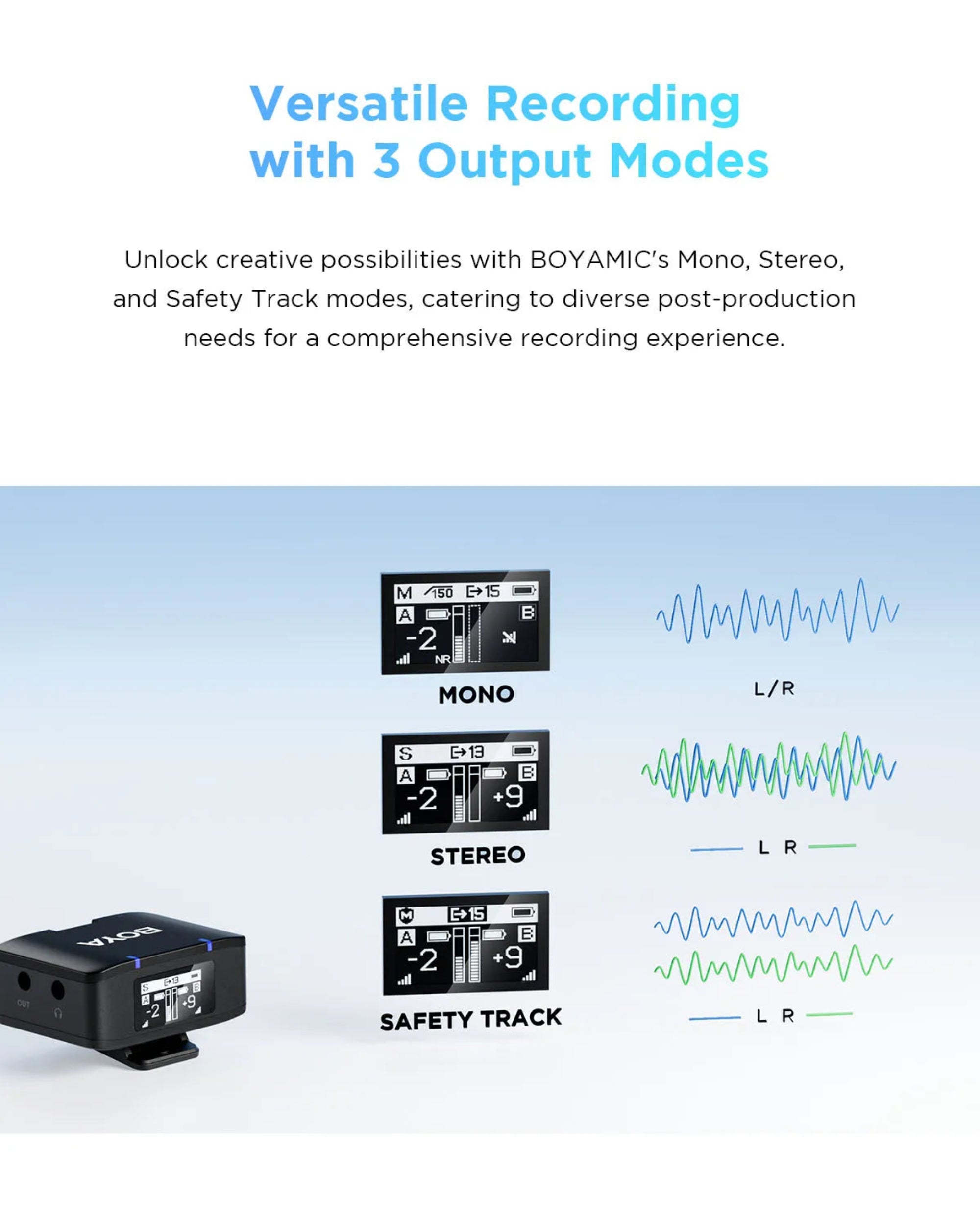 BOYAMIC audio device with modes for mono, stereo, and safety track on a light blue background.