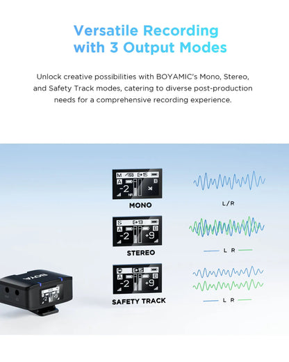BOYAMIC audio device with modes for mono, stereo, and safety track on a light blue background.