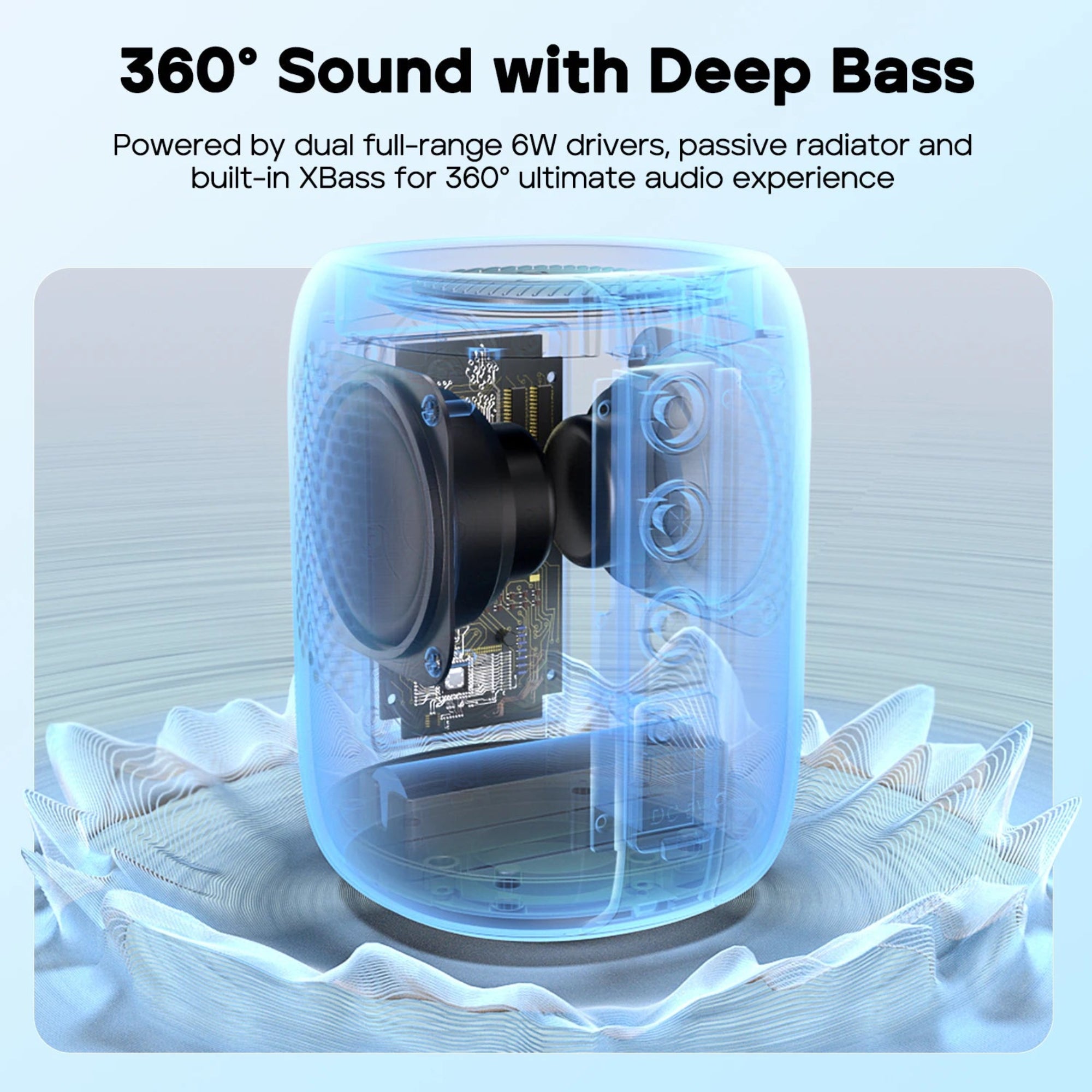 Speaker with 360-degree sound and deep bass features on a light blue background
