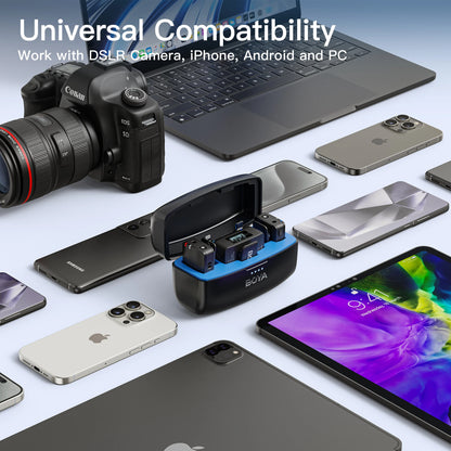 Collection of electronic devices including a camera, laptop, smartphones, and a charging station on a white background with text about universal compatibility.