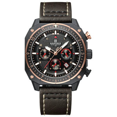 A multicolored sports multifunction waterproof watch for men with a leather band and a dial featuring luminous hands and a date display.