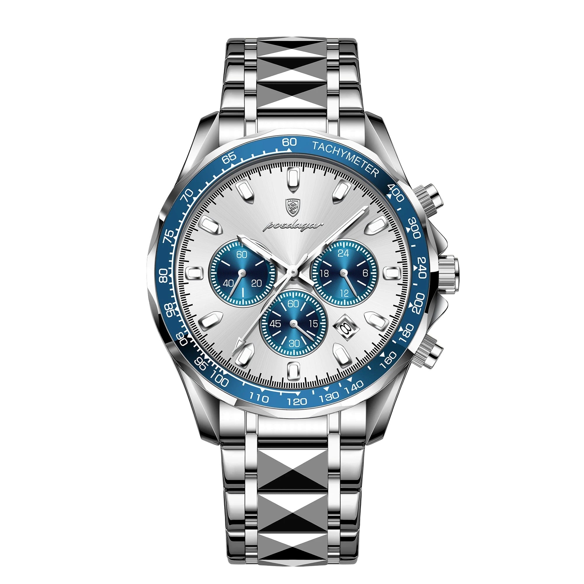 Silver and blue watch with a detailed face on a white background