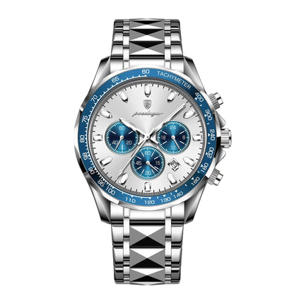 Silver and blue watch with a detailed face on a white background