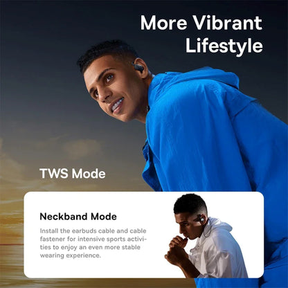 Man wearing blue jacket with earbuds, text about TWS mode and neckband mode, sunset background