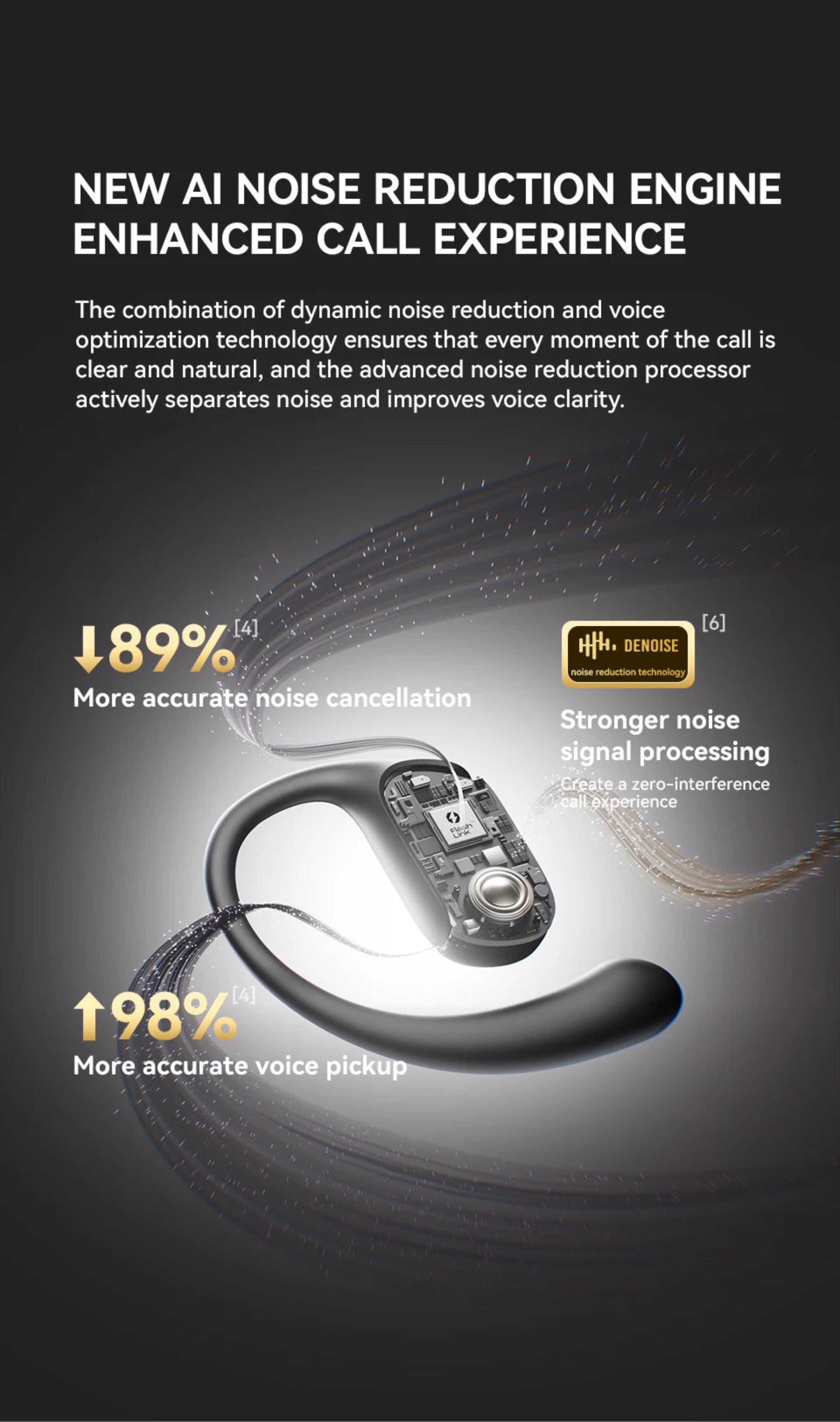 Bose noise reduction headset with text on AI noise reduction engine and call experience improvements.
