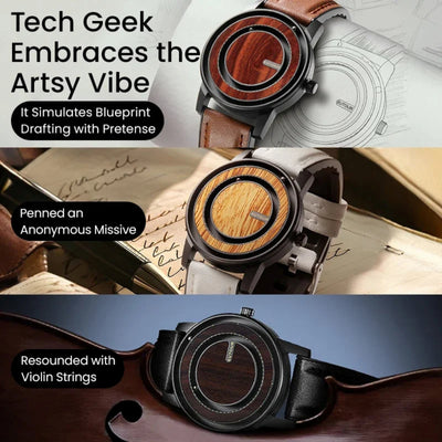 Wooden watch with leather strap displayed on a violin and with text overlay.