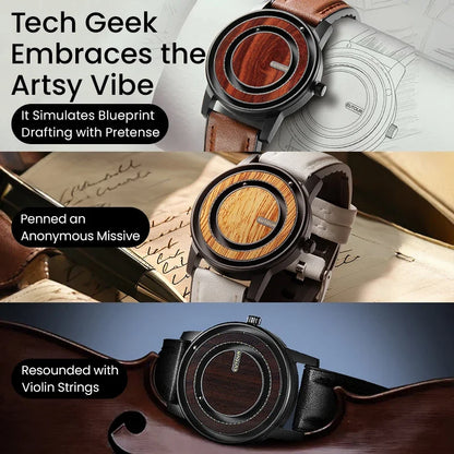 Wooden wristwatch with leather strap displayed on a violin and open book