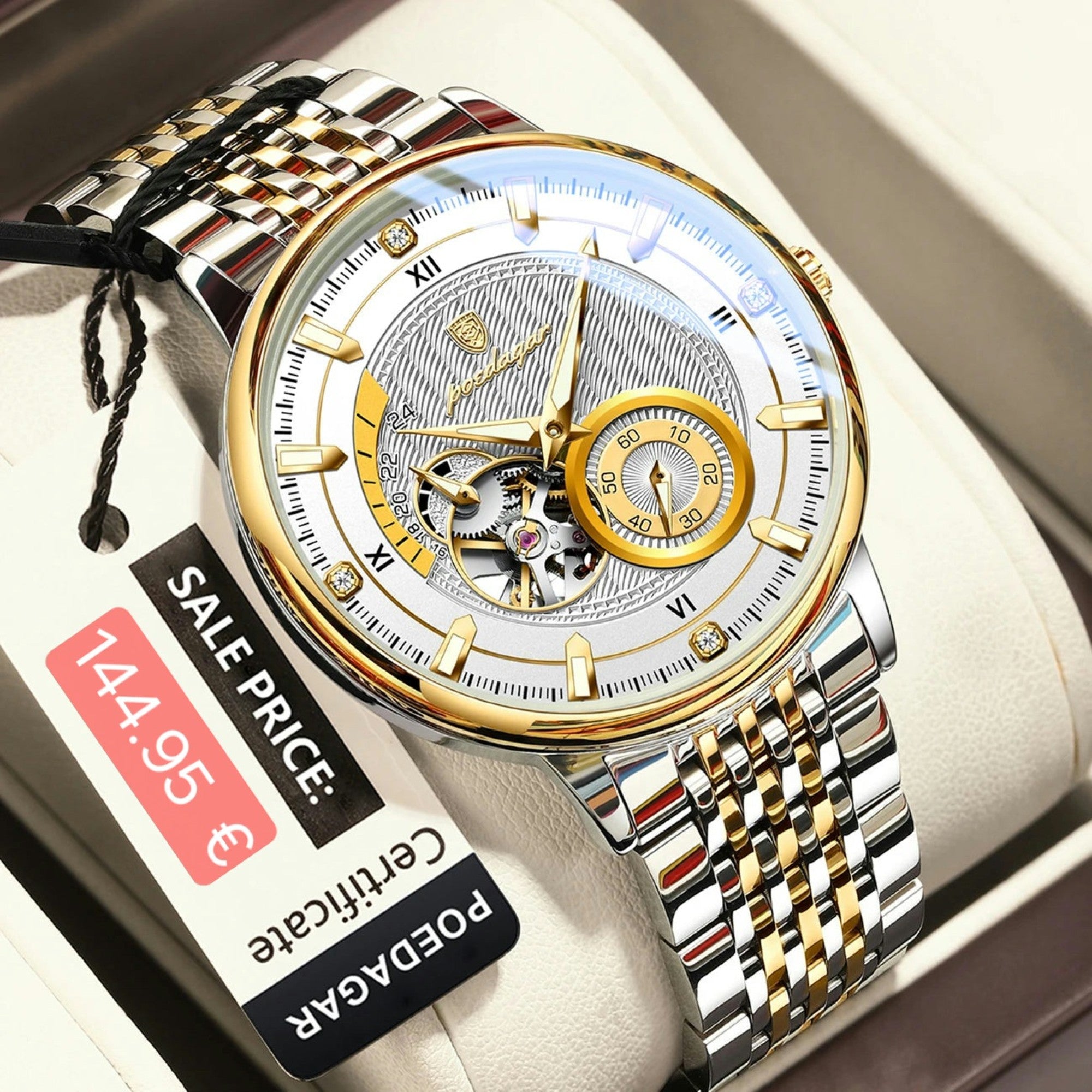 Luxury watch with a gold and silver band on a white cushion, with a price tag and certificate visible.