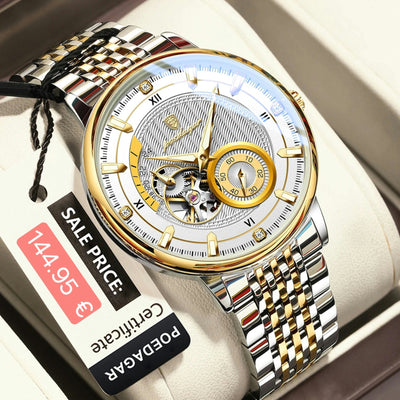 Luxury watch with a gold and silver band on a white cushion, with a price tag and certificate visible.
