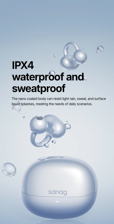 Product with IPX4 waterproof and sweatproof feature on a light blue background