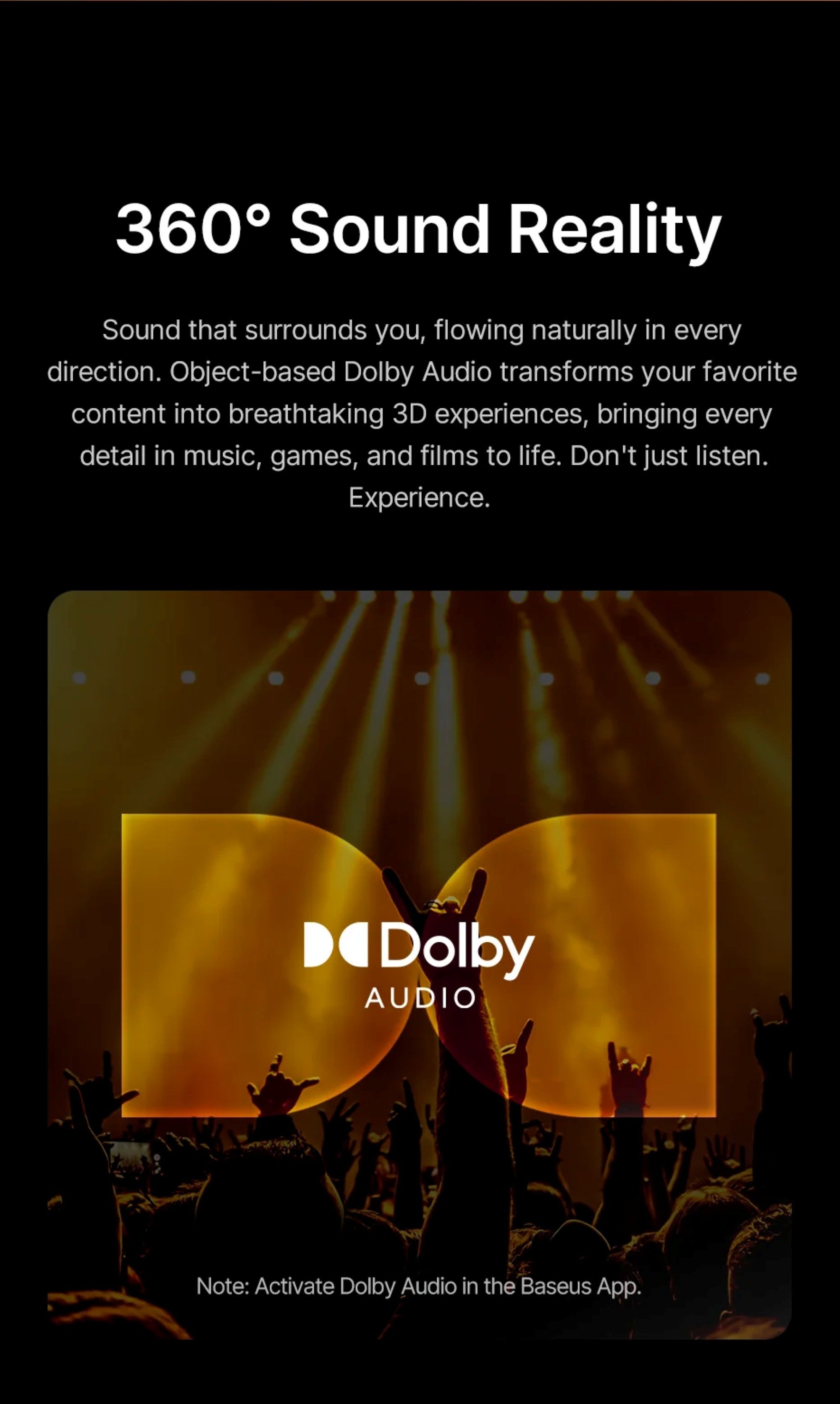 Dolby Audio advertisement with 360° sound reality text and logo.