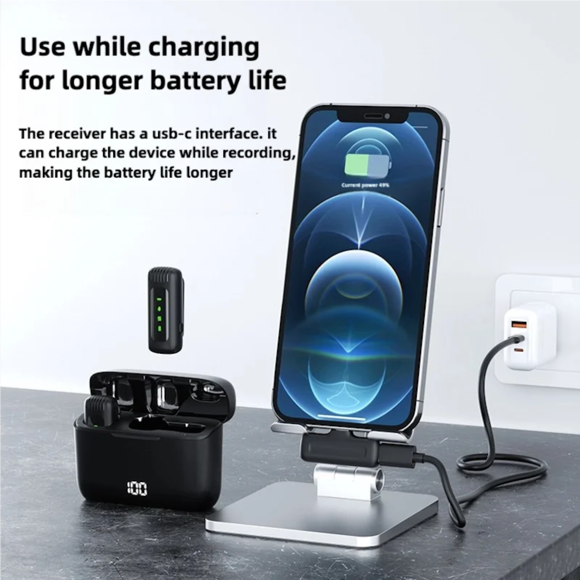 Phone, wireless earbuds, and charging dock on a table with text about battery life and USB-C interface.